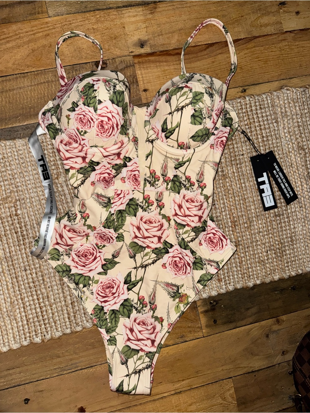 Floral Corset One-Piece Swimsuit in Cream and Pink size Small and bust is Medium